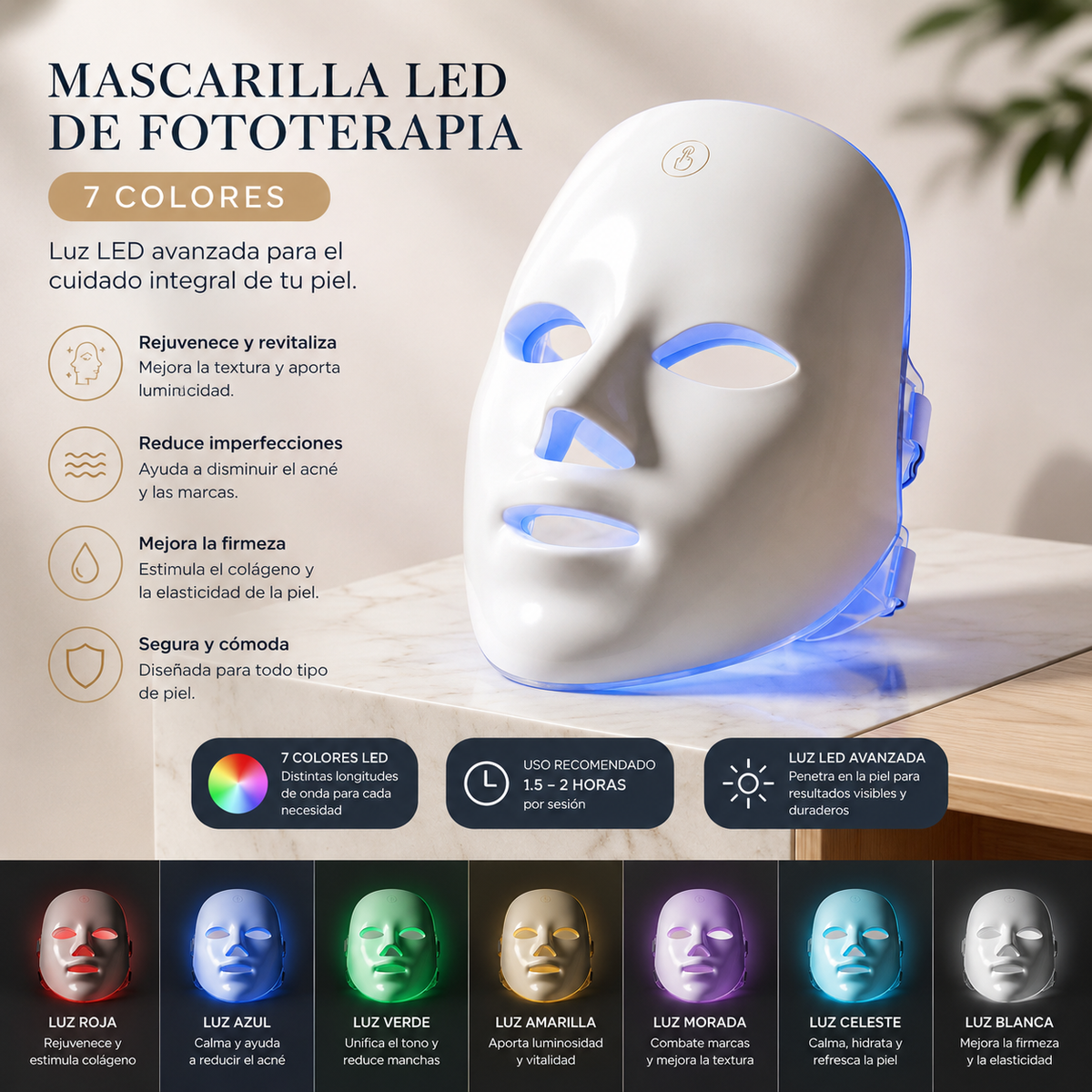 Mascarilla Facial LED de Fototerapia 7 Colores